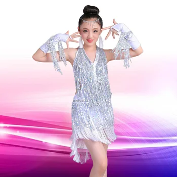1 компл./лот, детское модное платье для латиноамериканских танцев с блестками для девочек, детское танцевальное платье с v-образным вырезом и кисточками, 4 цвета, разноцветные пайетки