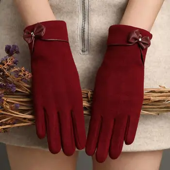 1 Пара Утолщенных однотонных женских Перчаток с бантом, осенне-зимняя флисовая подкладка, перчатки для вождения с сенсорным экраном и полными пальцами