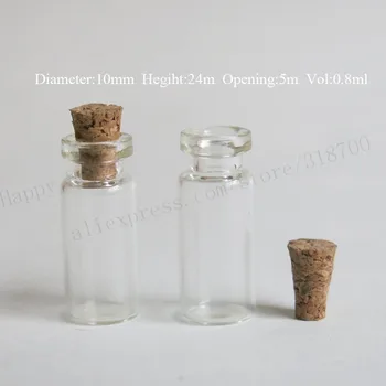 1000 шт./лот, 0,8 мл, мини-флаконы из прозрачного стекла, флаконы с пробкой, маленький пустой стеклянный образец, стеклянный флакон с пробковой пробкой, бутылка для пожеланий