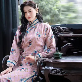 2021, Осень-зима, Новые китайские традиционные платья с цветочным принтом и разрезом для женщин, Ретро, толстый Чонсам с длинными рукавами, повседневная одежда