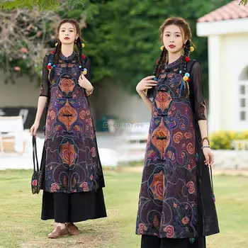 2023 китайское этническое платье с вышивкой, свободный жилет без рукавов со стоячим воротником, женское китайское платье в стиле ретро, модное платье s169