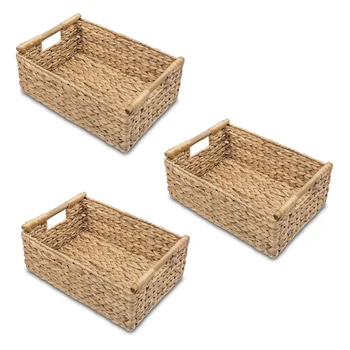 3X Маленькие плетеные корзины для организации ванной комнаты, Корзины с гиацинтами для хранения, Плетеная корзина для хранения с деревянной ручкой