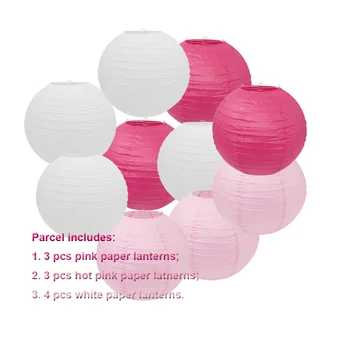 4 штуки белых + 3 штуки розовых + 3 штуки ярко-розовых круглых бумажных фонариков для свадебной вечеринки для маленьких девочек