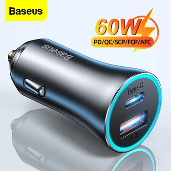 Baseus 60 Вт Металлическое Автомобильное Зарядное Устройство USB Type C Быстрая Зарядка SCP AFC QC 4.0 PD 27 Вт USBC Зарядное Устройство Для телефона iPhone Xiaomi Huawei Samsung