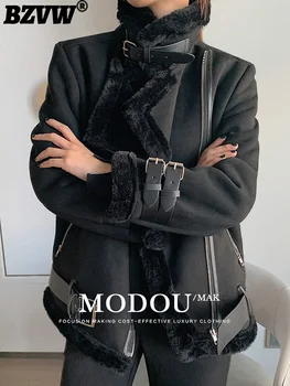 BZVW Модная высококачественная дизайнерская шерстяная куртка Женская 2023, Новый тренд, воротник-стойка, Длинный рукав, Универсальное утолщающее пальто, женское