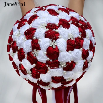 JaneVini Роскошные Букеты невесты размером 30 см, Бордовые Белые цветы, Искусственные атласные Розы, Поддельный Букет Невесты, Свадебные Аксессуары