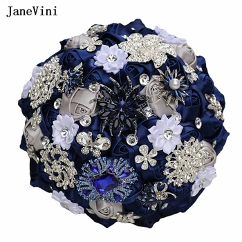 JaneVini Элегантные темно-синие атласные розы, Букеты для новобрачных, Блестящая брошь из горного хрусталя, Искусственные свадебные букеты