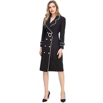Janeyiren, модный дизайнерский осенне-зимний черный тренч с отворотом, женский длинный рукав, пояс с двойной пряжкой, повседневное пальто