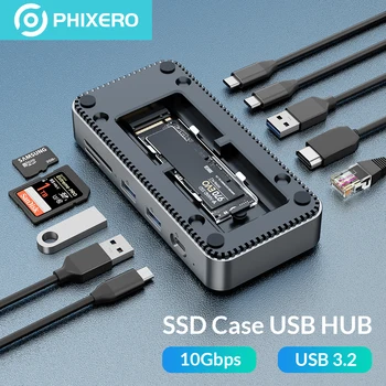 PHIXERO USB C концентратор с корпусом M.2 NVMe SSD 10 Гбит/с NVMe концентратор USB3.2 док-станция, Совместимая с HDMI/Кард-ридер/RJ45 для Ноутбука