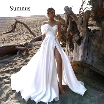 Sumnus Сексуальное Пляжное Свадебное платье на одно плечо, Платья Невесты с высоким разрезом, Моно-Атласные Свадебные платья с открытой спиной, Robe de Mariee