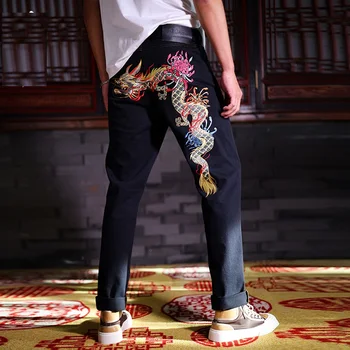 Tatoo Dragon Embrodiery High Street Fashion Мужские и Мальчишеские Шикарные Джинсовые Брюки Demin Jeans