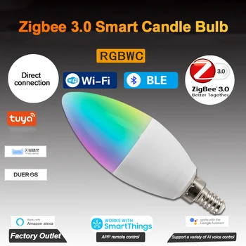 Tuya Zigbee 3,0 Умная лампа-Свеча E12/E14 RGBCW 5 Вт Светодиодный светильник-Диммер Голосовое Управление Работает с Alexa Google Home Умный Дом