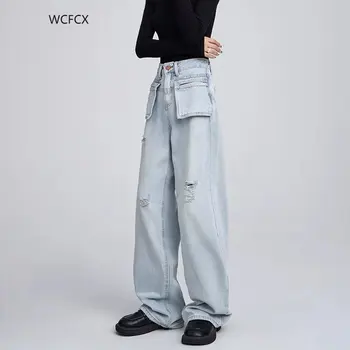 WCFCX STUDIO рваные джинсы для женщин, модные винтажные уличные брюки с высокой талией, прямые свободные широкие джинсовые брюки Y2K