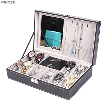 WDDSXXJSL кожаная 8-значная коробка для часов с зеркалом, многофункциональное ювелирное кольцо, ожерелье, коробка для хранения, дисплей, домашний декор, подарочная коробка