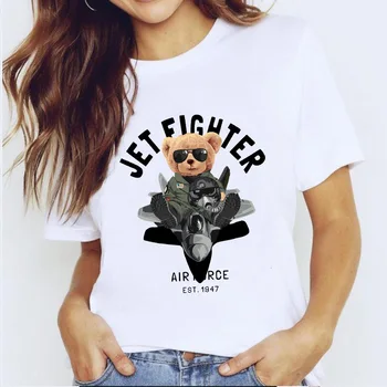 YRYT/ Летняя хлопковая женская повседневная футболка с рисунком летчика-истребителя с рисунком медведя, женский топ