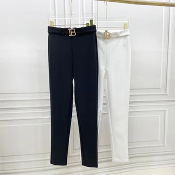 Весенне-осенние новинки, узкие женские брюки с высокой талией, черно-белый двухцветный пояс с металлическими буквами, обтягивающие женские брюки