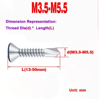 Винт для сверления хвостовика с потайной головкой из нержавеющей стали 304/винт с крестообразной головкой с плоской головкой M3.5-M5.5