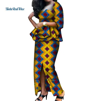 Винтажная Африканская женская одежда, Драпированные топы с коротким рукавом и комплекты юбок Bazin, Африканские комплекты юбок из 2 предметов, женская праздничная одежда WY5770