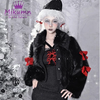 Готическое зимнее теплое пальто из искусственного меха, женская черная пушистая куртка, шикарная женская верхняя одежда в стиле панк, одежда для рождественской вечеринки