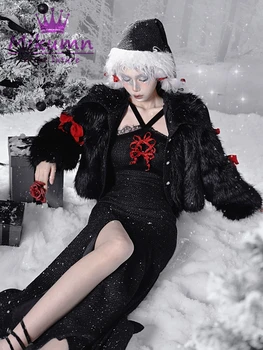 Готическое зимнее теплое пальто из искусственного меха, женская черная пушистая куртка, шикарная женская верхняя одежда в стиле панк, одежда для рождественской вечеринки Готическое зимнее теплое пальто из искусственного меха, женская черная пушистая куртка, шикарная женская верхняя одежда в стиле панк, одежда для рождественской вечеринки 3