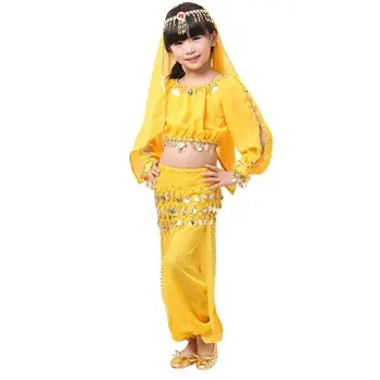 Детский Костюм для Индийского Танца Живота, Комплект Детской Танцевальной одежды, одежда для Выступлений для девочек, 5 шт., топ с длинными рукавами, брюки, пояс, повязка на голову и Браслет