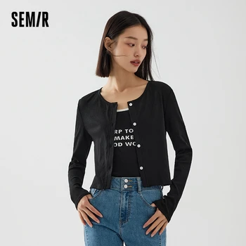 Женская рубашка Semir 2023, футболка с длинными рукавами, Черный вязаный кардиган, подтяжки с буквами, осенний новый тонкий женский комплект из двух предметов