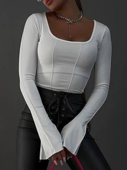 Женские однотонные топы, футболки с длинным рукавом и квадратным вырезом, рубашки с вырезами на спине