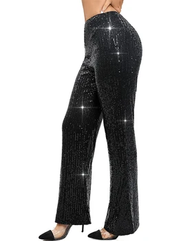 Женские Расклешенные брюки с блестками, Блестящие Широкие Брюки с Высокой Талией, Блестящие Расклешенные Брюки для Ночного клуба (Расклешенные Брюки черного цвета)