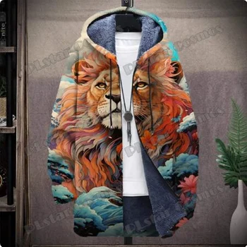 Зимняя мужская куртка с рисунком граффити в виде животных Льва и тигра, куртка с капюшоном с 3D принтом, повседневная толстая утепленная куртка с капюшоном Зимняя мужская куртка с рисунком граффити в виде животных Льва и тигра, куртка с капюшоном с 3D принтом, повседневная толстая утепленная куртка с капюшоном 0