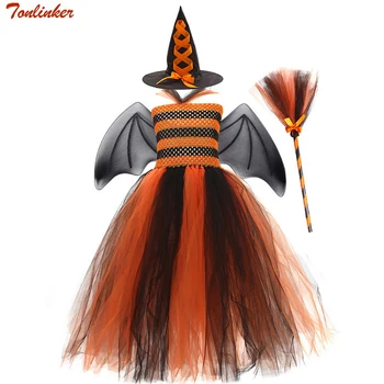 Карнавальный костюм ведьмы на Хэллоуин для девочек, детский сказочный костюм для косплея, платье-пачка со шляпой-метлой, роскошный набор