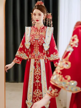 Китайская традиционная свадебная одежда для невесты с воротником-стойкой, красное платье с вышивкой Феникса, костюм Тан, топ, юбка, костюм