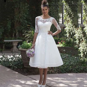 Короткие свадебные платья цвета слоновой кости для женщин 2023, Свадебные платья с коротким рукавом, Кружевные аппликации, Трапециевидное Платье Чайной длины, Vestidos De Novia