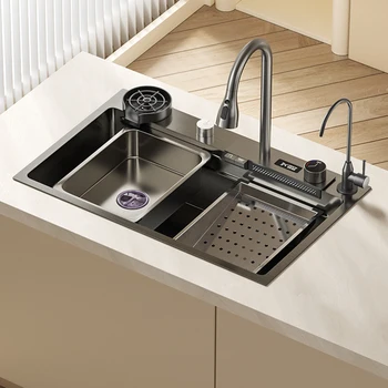 Кухонные принадлежности Цифровая раковина с водопадом, Кухонная раковина из нержавеющей стали, таз для мытья посуды, Многофункциональный Большой Одиночный резервуар