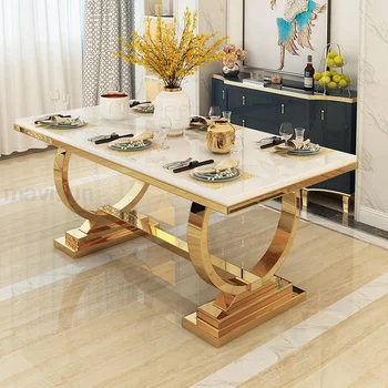 Легкий Роскошный Кухонный стол С мраморным прямоугольником, Устойчивая Позолоченная рама из нержавеющей стали, Сочетание обеденного стола и стульев
