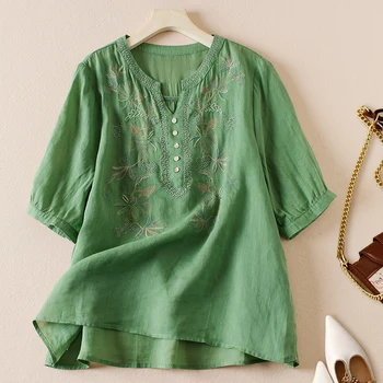 Летняя женская футболка с коротким рукавом с вышивкой, синяя, зеленая, фиолетовая, белая, свободная хлопковая льняная верхняя рубашка, женские повседневные винтажные топы