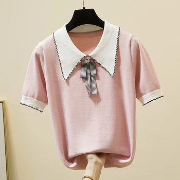 Летняя футболка 2022, Женские розовые вязаные топы с коротким рукавом, корейские модные футболки, Повседневная футболка, Женская одежда