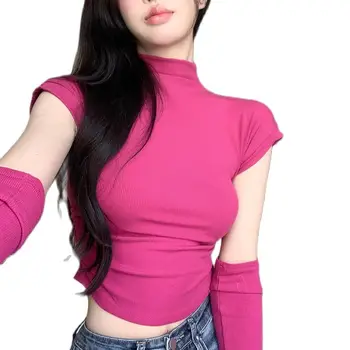 Милая модная футболка для девочек в корейском стиле с черепашьим вырезом и короткими рукавами с отдельными длинными рукавами 2023 Горячая распродажа