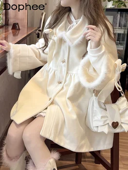 Милое Шерстяное Пальто в Японском Стиле с Бантом в стиле Лолиты для Девочек, Утолщенное Теплое Нежное Белое Кашемировое Пальто для Женщин, Осенне-зимняя Одежда