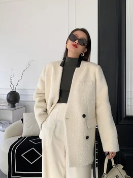 Минималистичное и нишевое замшевое короткое пальто в стиле пэчворк с двусторонним шерстяным пальто для женщин зимой 2023