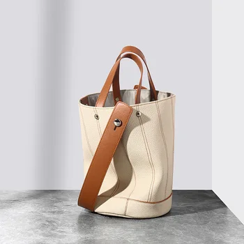 модная минималистичная сумка-ведро для воды, контрастная сумка-корзина для овощей большой емкости, сумка через плечо, сумка-тоут из воловьей кожи верхнего слоя