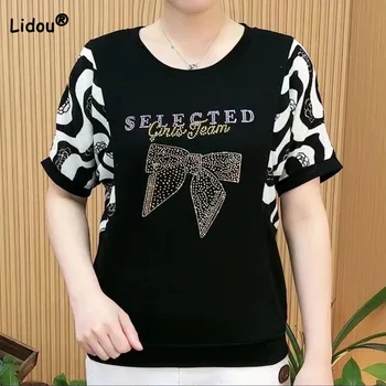 Модная универсальная футболка с круглым вырезом и принтом, Женские повседневные топы в корейском стиле с коротким рукавом и бриллиантами, Летняя женская одежда