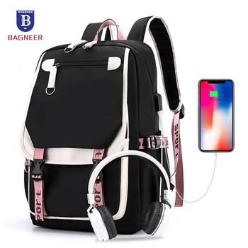 Модный Школьный рюкзак, сумка для девочек, Дорожная сумка для ноутбука, Женский рюкзак с отверстием для наушников, USB-порт для зарядки, школьный рюкзак, Студенческая сумка для книг