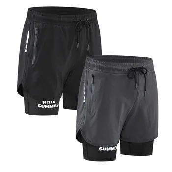 Мужские Двойные шорты для бега, Мужские спортивные быстросохнущие Трехточечные брюки, комплект из двух предметов, предотвращающий ходьбу, Фитнес-брюки