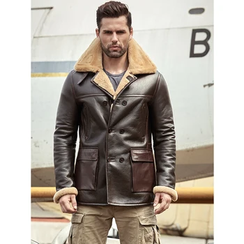 Новинка 2019 года, мужская коричневая дубленка B3, пальто из овчины, Длинная Кожаная куртка, меховое пальто, Толстые мужские зимние пальто