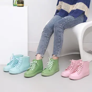 Новые женские модные непромокаемые ботинки на шнуровке, женские уличные непромокаемые ботинки-непромокаемые нескользящие резиновые сапоги