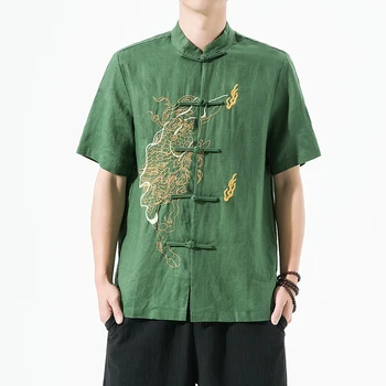Оригинальная мужская рубашка с короткими рукавами 2023 Весна/ лето, Высококачественная рубашка из чистого льна с вышивкой в китайском стиле Hanfu, застежка с циферблатом