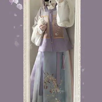Оригинальное Элегантное Фиолетовое платье Hanfu с Квадратным воротником, Юбка с изображением лошадиной морды, Вышитая Тяжелой Промышленностью, Китайская Династия Мин Hanfu 3 шт.