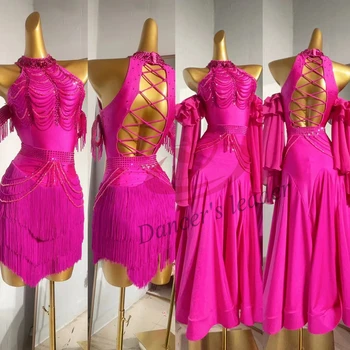 Платье для латиноамериканских танцев, розовое без рукавов с бриллиантовыми кисточками, Женская профессиональная одежда для сцены Chacha Tango