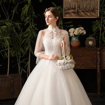 Платья невесты, Свадебное платье С длинным рукавом, Высокий воротник, белый воротник-стойка, плюс Размер H225