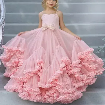 Прекрасные кружевные многослойные платья принцессы с цветочным узором для девочек, свадебные платья для бала, платья для первого причастия, подарок на день рождения
